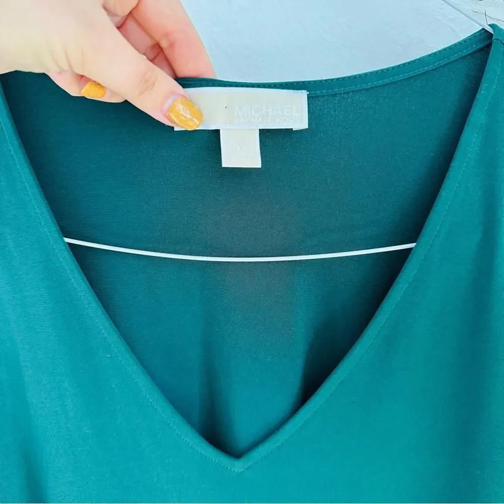 MICHAEL KORS Emerald Green Square Cutout Long Sleeve Tunic Blouse Top Shirt 3X
